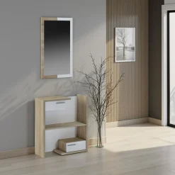Kiara Wood mobile Ingresso con Specchio e 2 cassetti finitura Rovere e Larice Bianco, 83 x 29 x h 90 cm