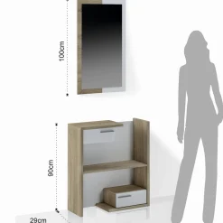 Kiara Wood mobile Ingresso con Specchio e 2 cassetti finitura Rovere e Larice Bianco, 83 x 29 x h 90 cm
