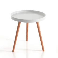 Kyra round tavolino in mdf lacccato bianco opaco e legno massello tinto rovere d49 h51 cm