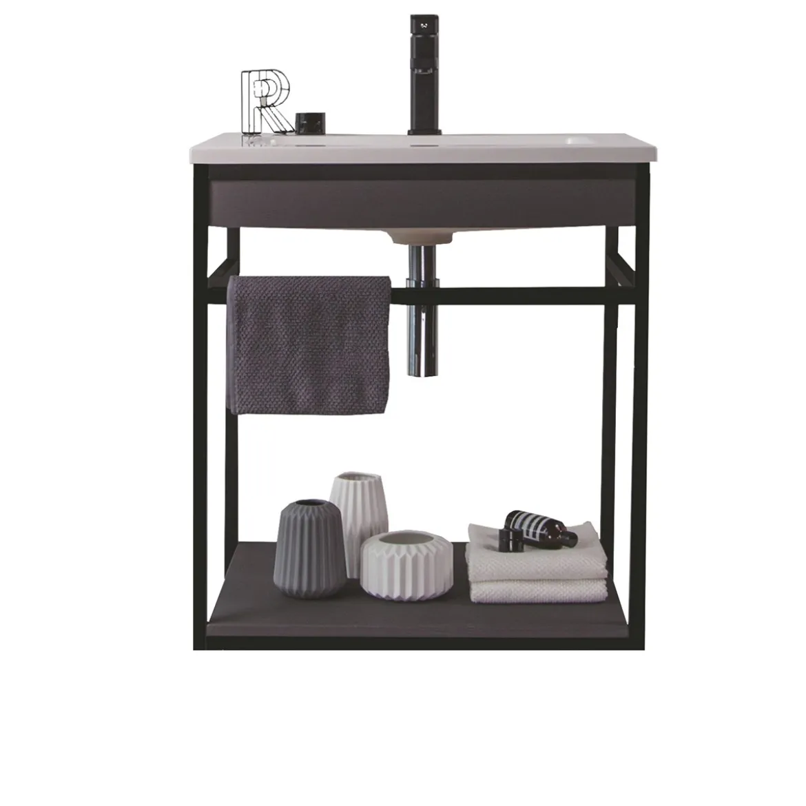 Loom-b grey/black 60 mobile bagno in acciaio nero opaco con lavello e cestone finitura larice grigio 60x46xh52 cm
