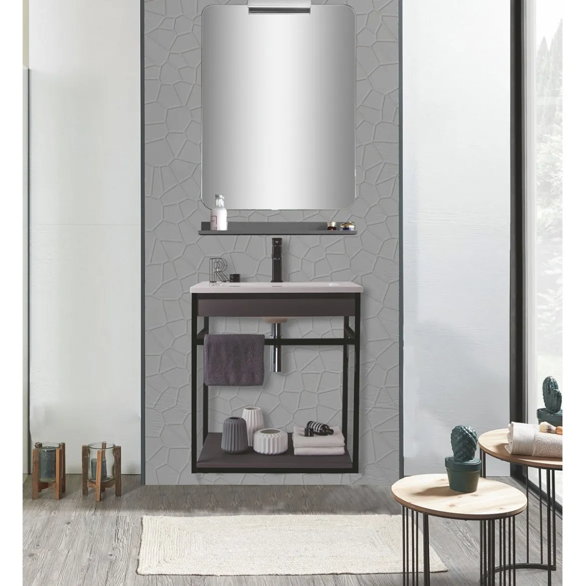 Loom-b grey/black 60 mobile bagno in acciaio nero opaco con lavello e cestone finitura larice grigio 60x46xh52 cm
