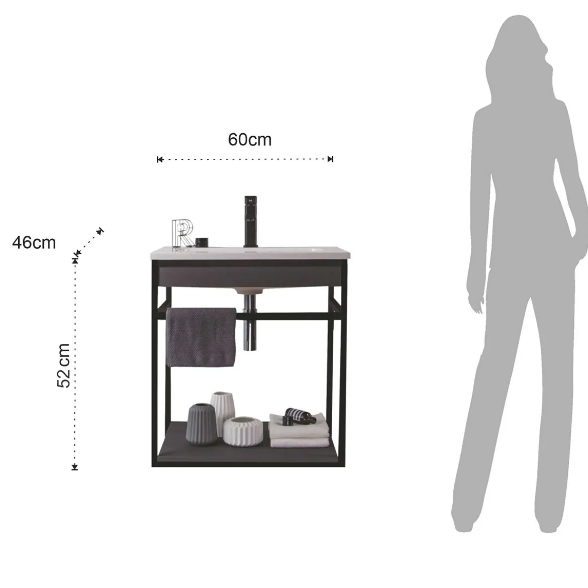 Loom-b grey/black 60 mobile bagno in acciaio nero opaco con lavello e cestone finitura larice grigio 60x46xh52 cm