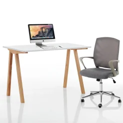 Mak Scrivania e Computer Desk Bianca Opaco Laccata e Legno Massello finitura Rovere, 120 x 60 x h 76 cm