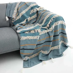 Methi-a plaid 100% cotone decorato grigio azzurro 220x150 cm