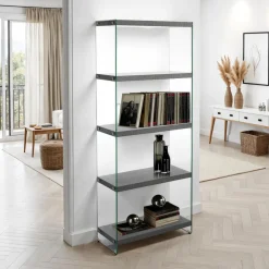 Nancy 75 cement libreria 5 in vetro trasparente e finitura cemento 70x29.5xh170 cm