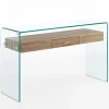 Noa Consolle vetro curvato trasparente ripiano con cassetto rovere h76 l125 p40