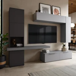 Parete soggiorno AXANDRA GRAPHITE finitura Grigio Graphite opaco Larice Grigio a poro aperto H207 L280 P496