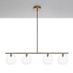 Party evo clear lampadario acciaio verniciato ottone anticato opaco sfere in vetro trasparente cm l95 p155 h90