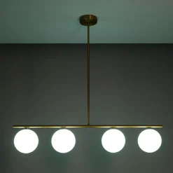 Party evo lampadario in metallo ottone anticato opaco 4 paralumi in vetro bianco opaco 95x15.5 h90 cm