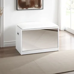 Pratiko-c scarpiera / panca in mdf finitura bianco opaco cuscino in pelle sintetica bianco anta a specchio cm h44 l63 p34