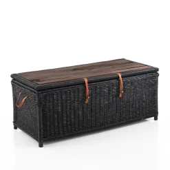 Rino black tavolino contenitore in rattan nero e legno sbiancato per interno/esterno 110x50xh45 cm