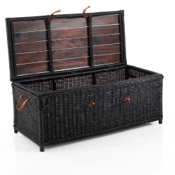 Rino black tavolino contenitore in rattan nero e legno sbiancato per interno/esterno 110x50xh45 cm