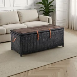 Rino black tavolino contenitore in rattan nero e legno sbiancato per interno/esterno 110x50xh45 cm