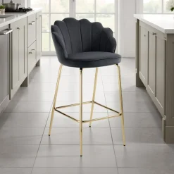 Shell grey sgabello in tessuto effetto velluto grigia e metallo verniciato oro lucido 56x58xh92 cm seduta h 65cm