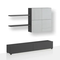 Tonya parete soggiorno grigio graphite opaco e 4 ante con finitura marmo 200x39.5xh194 cm