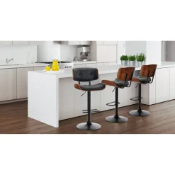 Uppsala black sgabello legno multistrato tinto finitura noce pelle sintetica nera metallo nero opaco h95/115 l51 p55