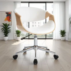 Visby wood sedia da ufficio regolabile e girevole multistrato finitura rovere e pelle sintetica bianca 54x55 h73/83 cm