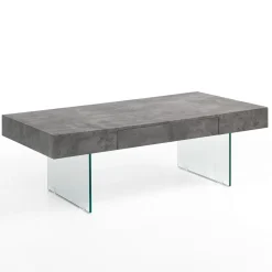 Waver cement tavolino in vetro piano finitura cemento 60x110 h40x cm
