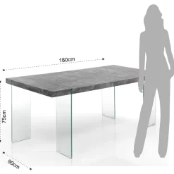 Waver Cement Tavolo Grigio finitura Cemento e gambe in Vetro Temprato 180 x 90 x h75 cm