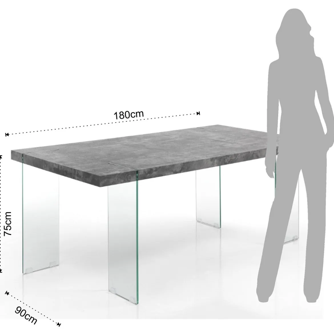 Waver Cement Tavolo Grigio finitura Cemento e gambe in Vetro Temprato 180 x 90 x h75 cm
