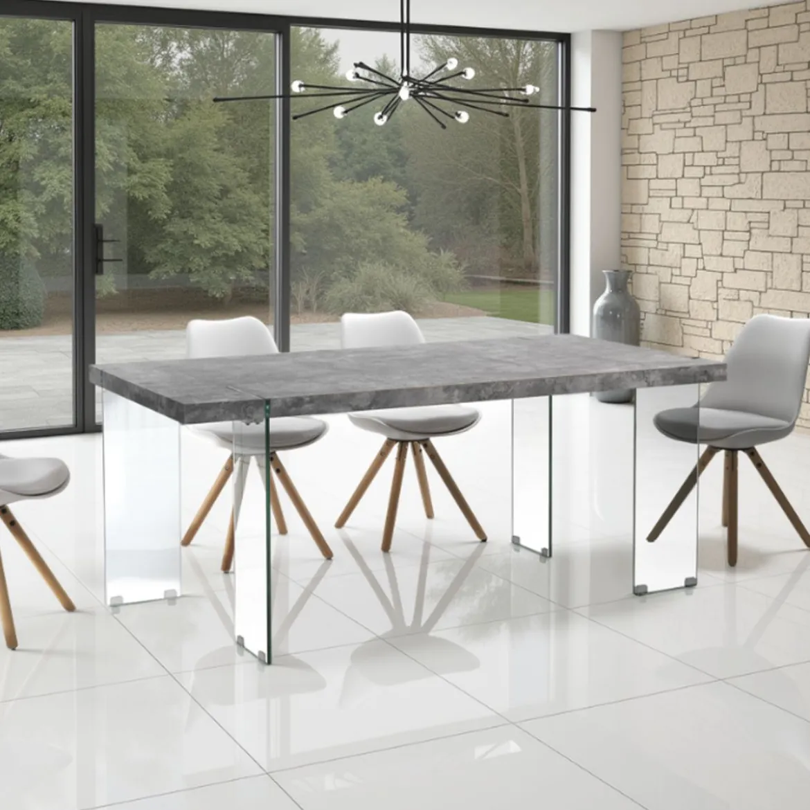 Waver Cement Tavolo Grigio finitura Cemento e gambe in Vetro Temprato 180 x 90 x h75 cm