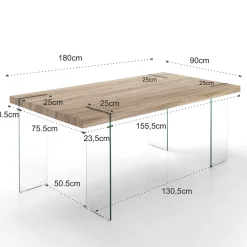 Waver Tavolo Scrivania in Legno finitura Rovere con gambe in Vetro Temprato, 180 x 90 x h75 cm