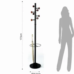 Wells appendiabiti portaombrelli ari in acciaio nero opaco e pomelli legno finitura noce h173xd30.5 cm